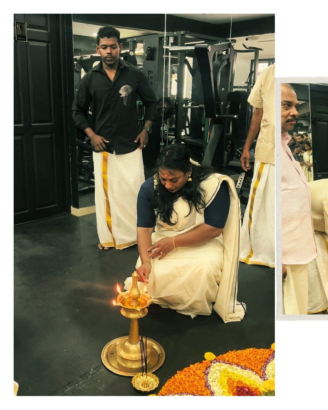 Lighting the traditional lamp beside the pookalam to open the celebration