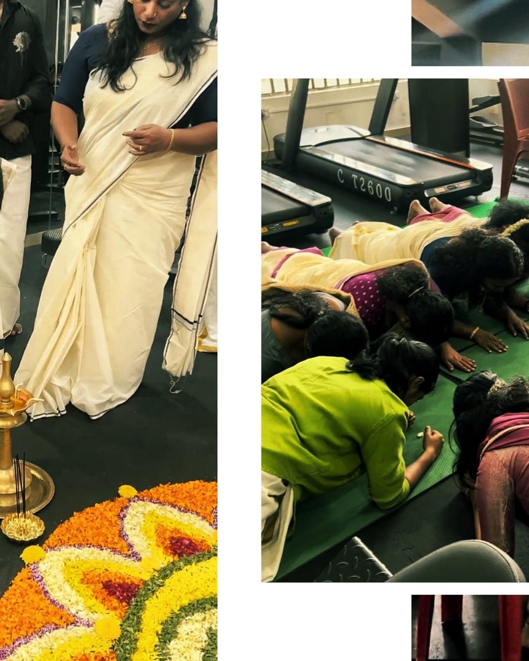 The pookalam laid out on the gym floor, with members gathered around it