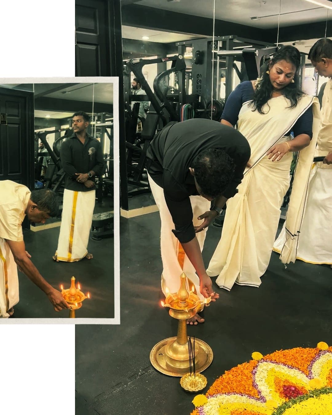 Lighting the lamp beside the pookalam
