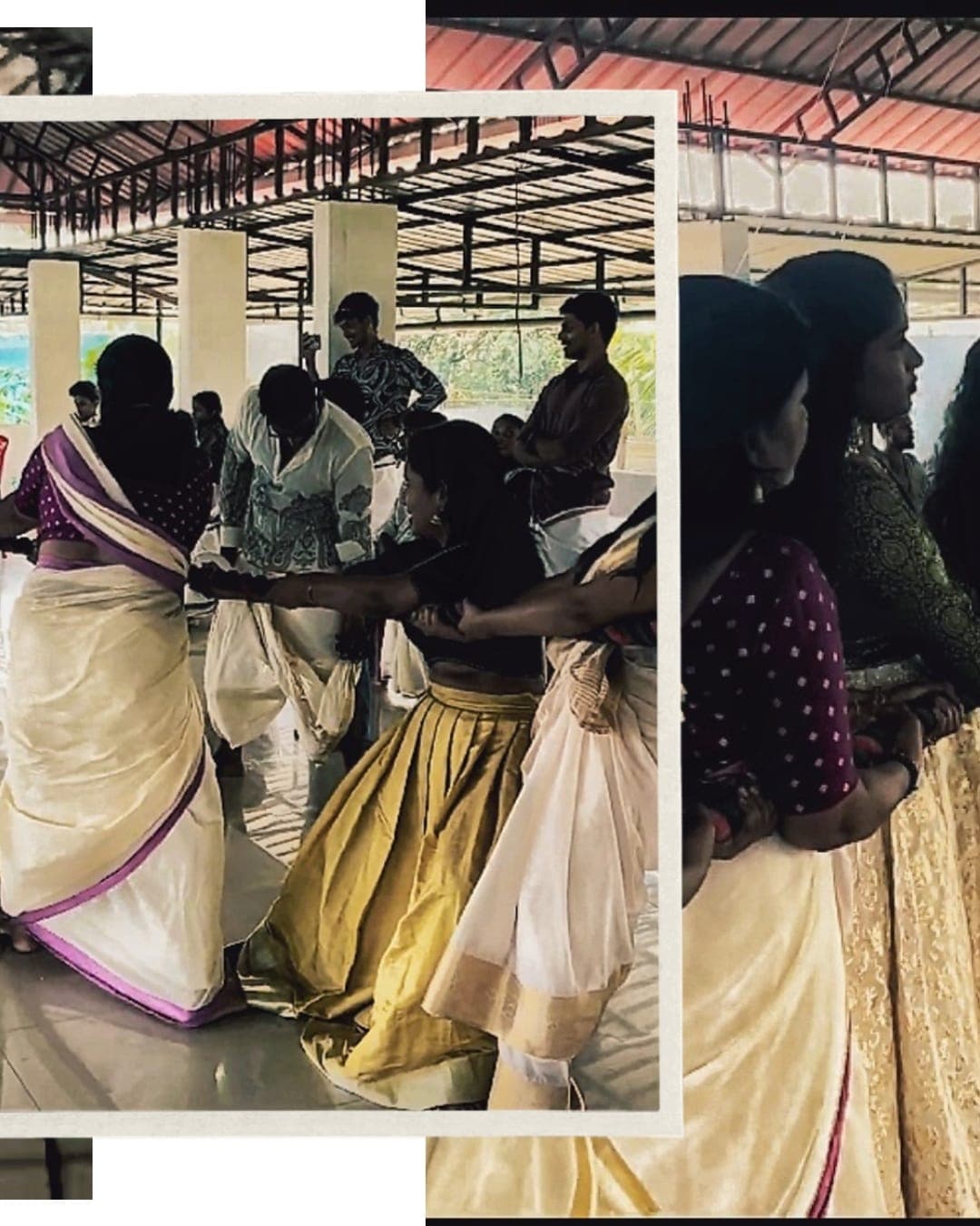 Members playing a group game in traditional Onam dress