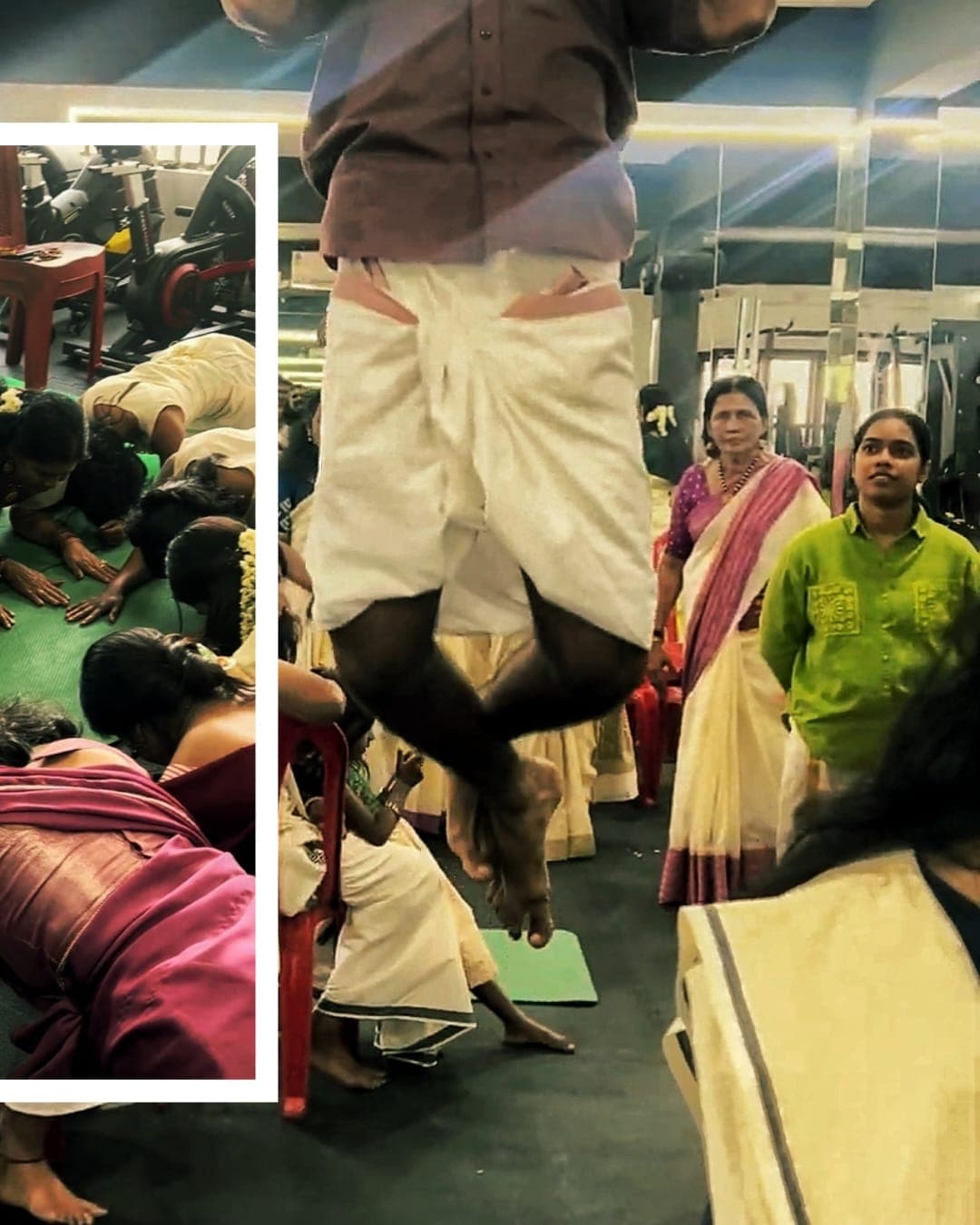Members taking part in an Onam floor game while the rest of the gym watches